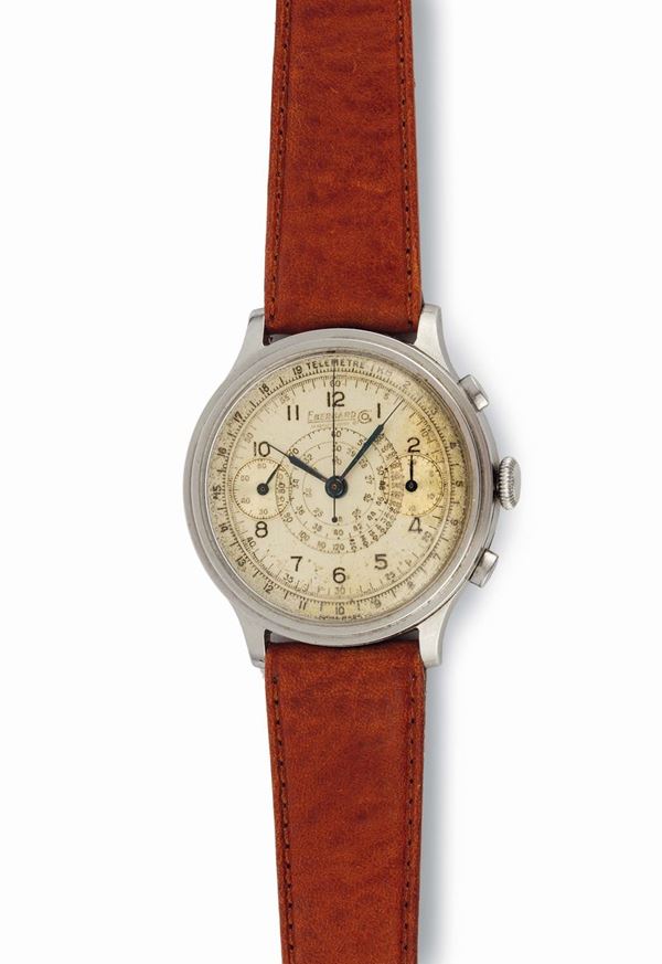 EBERHARD, La Chaux-de-Fonds,  Pre Extra Fort, case No. 1011133, movement No. 30801, very rare, large, stainless steel chronograph wristwatch with tachometer, telemeter and an original steel buckle. Made circa 1938