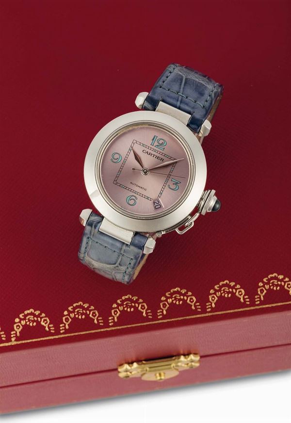 CARTIER, Pasha, self-winding, water resistant, stainless steel wristwatch with date and original deployant clasp. Sold in 2006, accompanied by the original box, Guarantee and instruction booklet