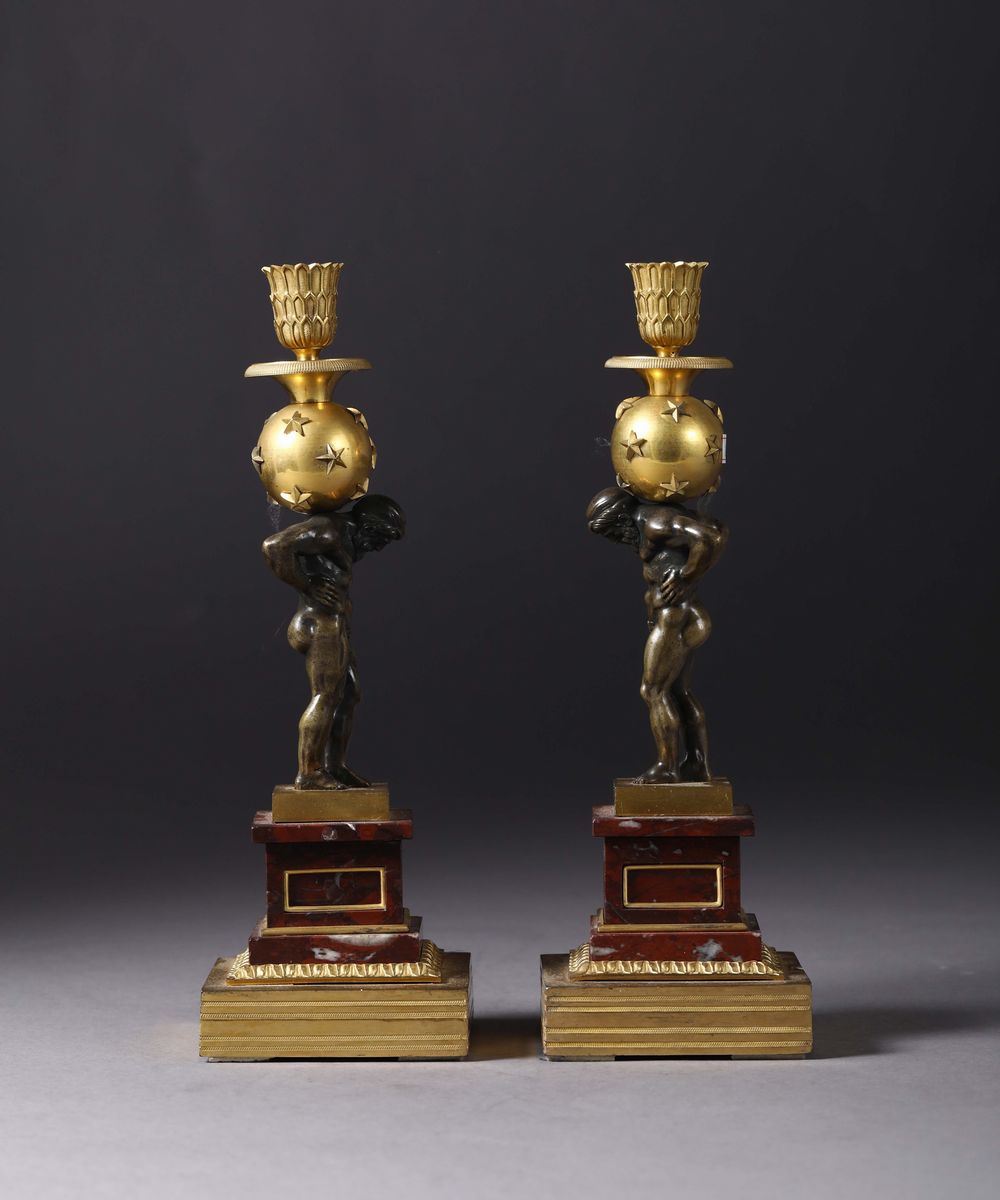 Coppia di Candelieri in Bronzo e Marmo, Francia XIX Secolo