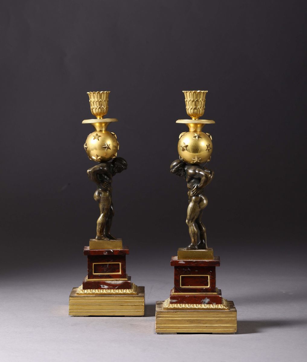 Coppia di Candelieri in Bronzo e Marmo, Francia XIX Secolo
