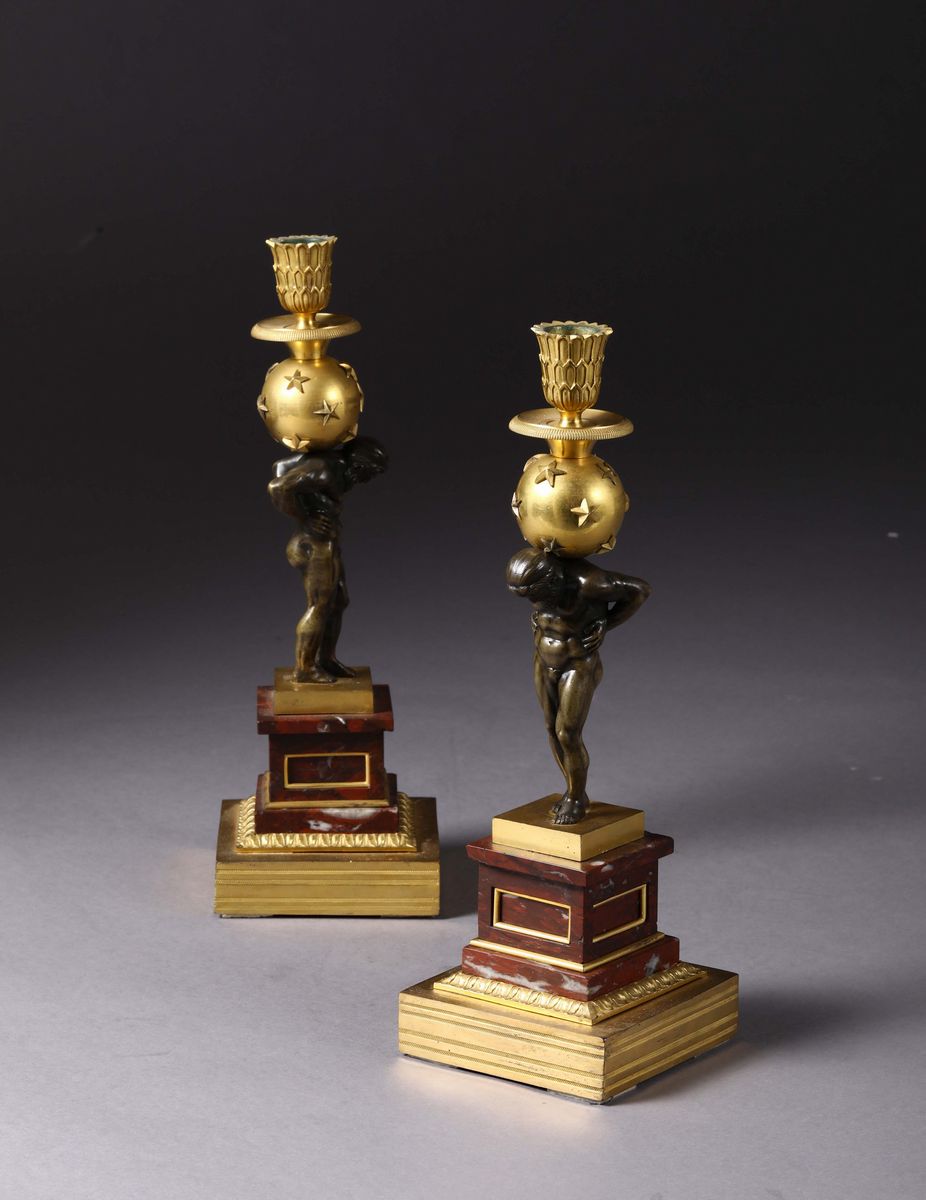 Coppia di Candelieri in Bronzo e Marmo, Francia XIX Secolo