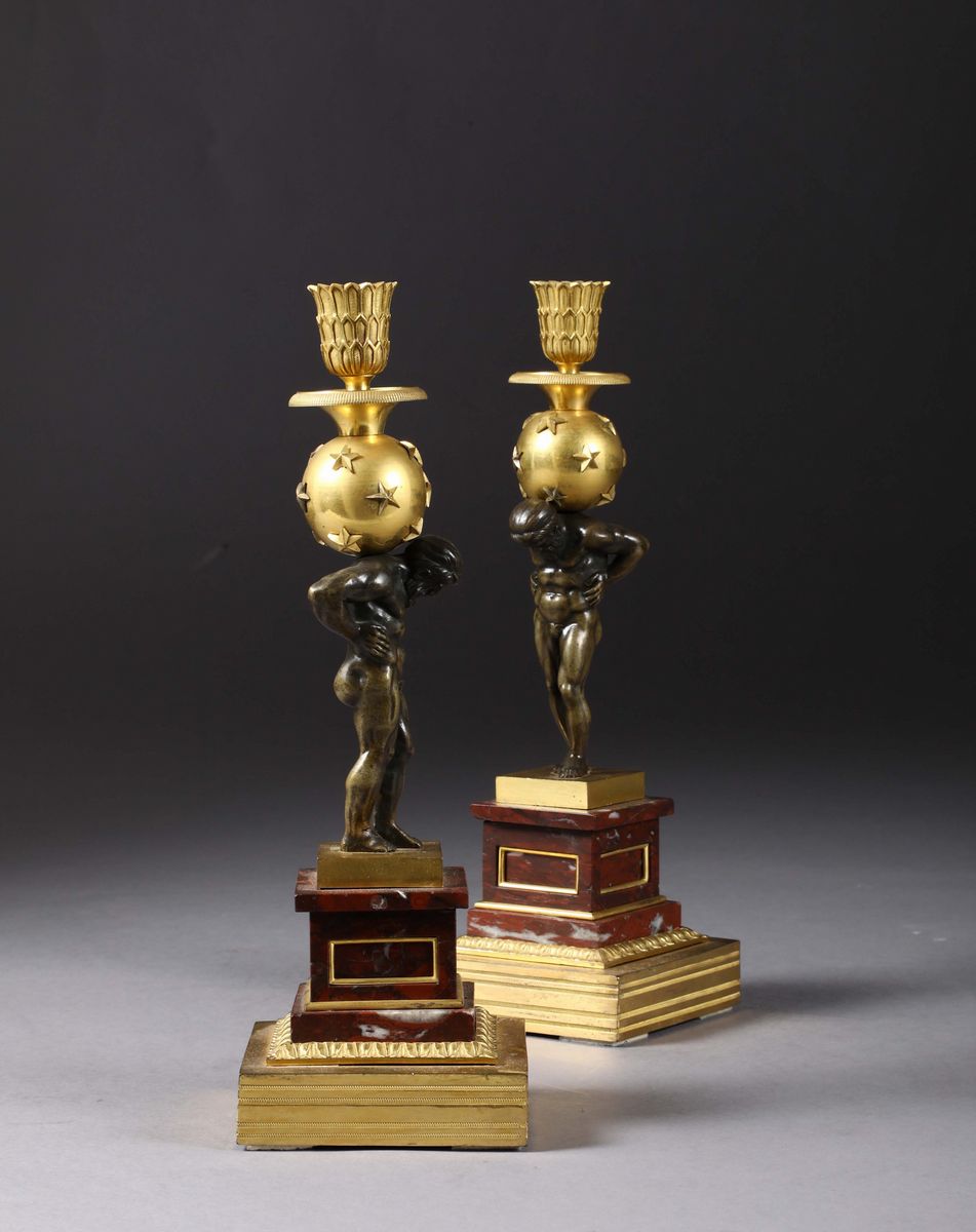 Coppia di Candelieri in Bronzo e Marmo, Francia XIX Secolo