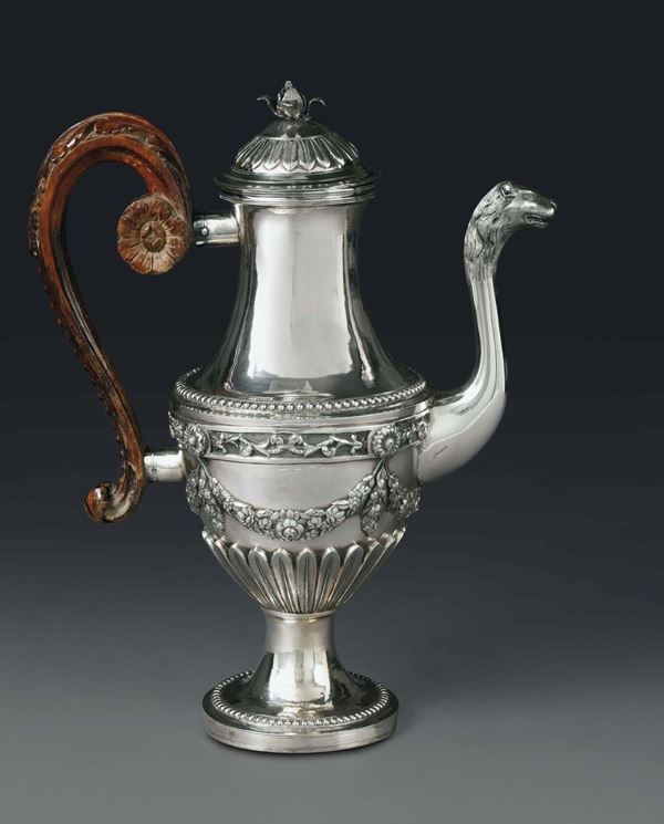 A coffee pot in embossed and chiselled silver, Genoa, Torretta stamp for the year 1779