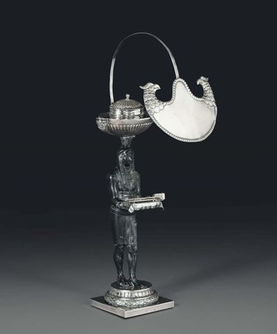 Lampada in Argento Sbalzato e Cesellato, Bronzo, Roma, Prima Metà XIX Secolo.