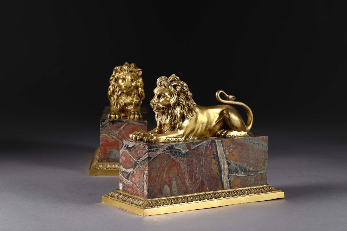 Coppia di Leoncini in Bronzo Dorato, Francia XIX Secolo