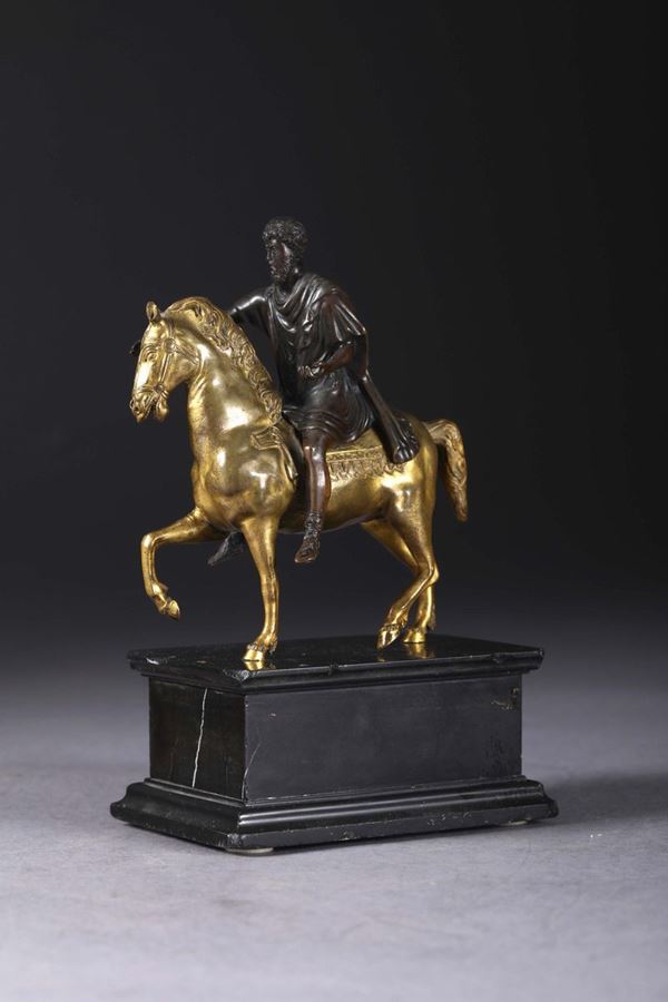 Marcus Aurelius riding a horse. Molten, chiselled and gilt bronze. Florentine or Roman founder, beginning of the 17th century