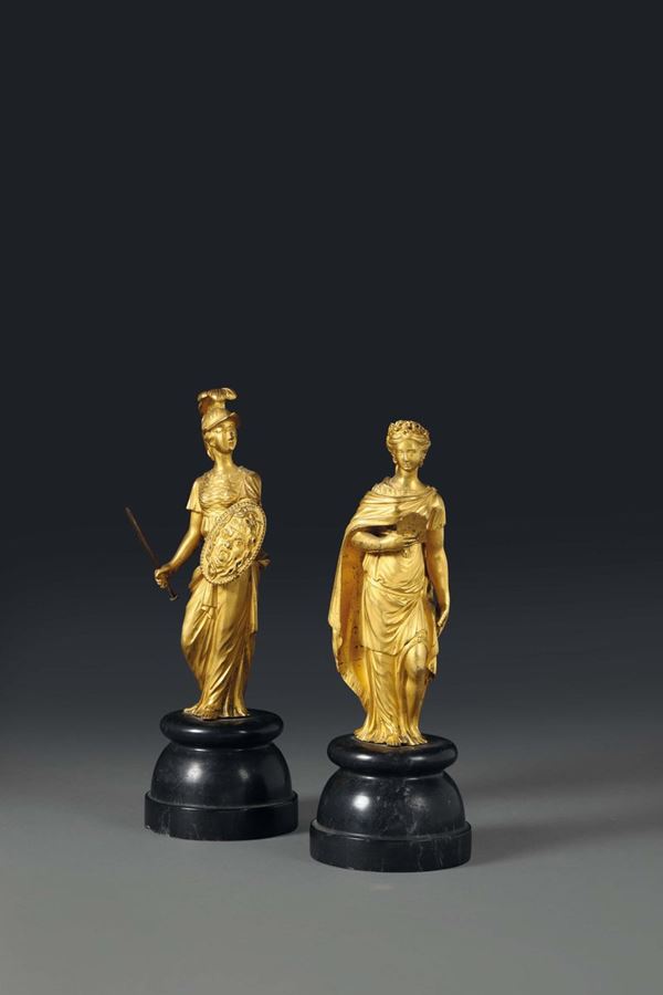 Minerva e Venere (?) in bronzo dorato e cesellato, fonditore francese del XIX secolo