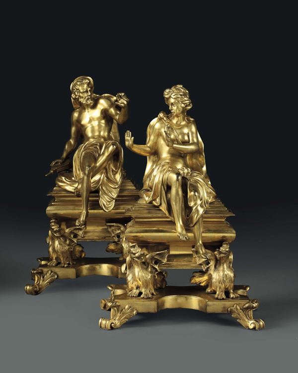 Coppia di alari in stile Luigi XIV in bronzo dorato, Francia XIX secolo