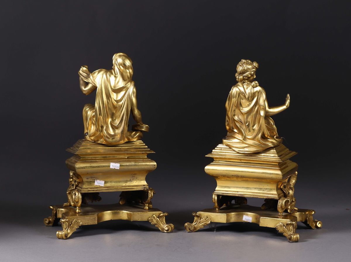 Coppia di Alari in Stile Luigi XIV in Bronzo Dorato, Francia XIX Secolo