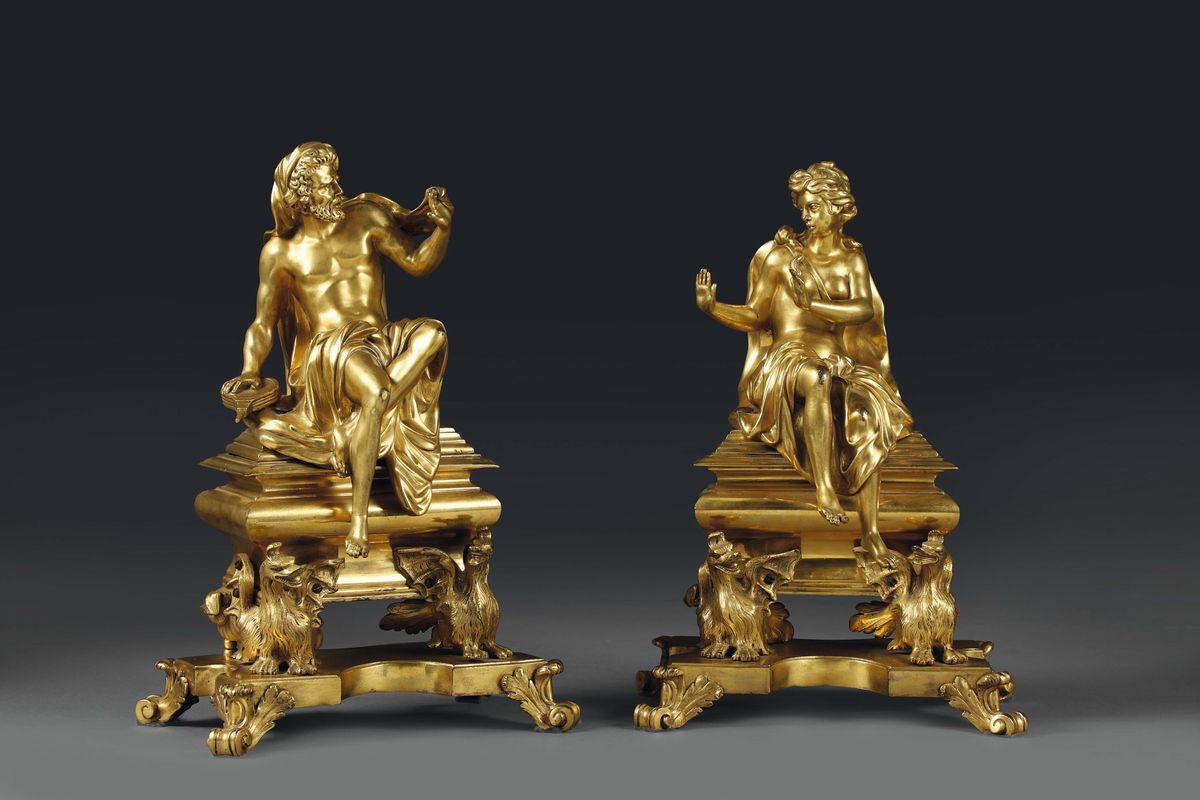 Coppia di Alari in Stile Luigi XIV in Bronzo Dorato, Francia XIX Secolo