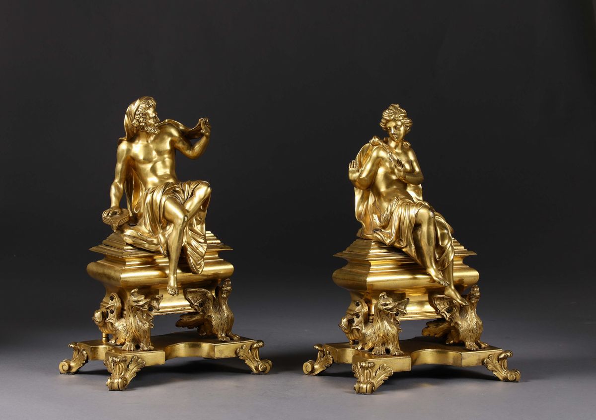 Coppia di Alari in Stile Luigi XIV in Bronzo Dorato, Francia XIX Secolo