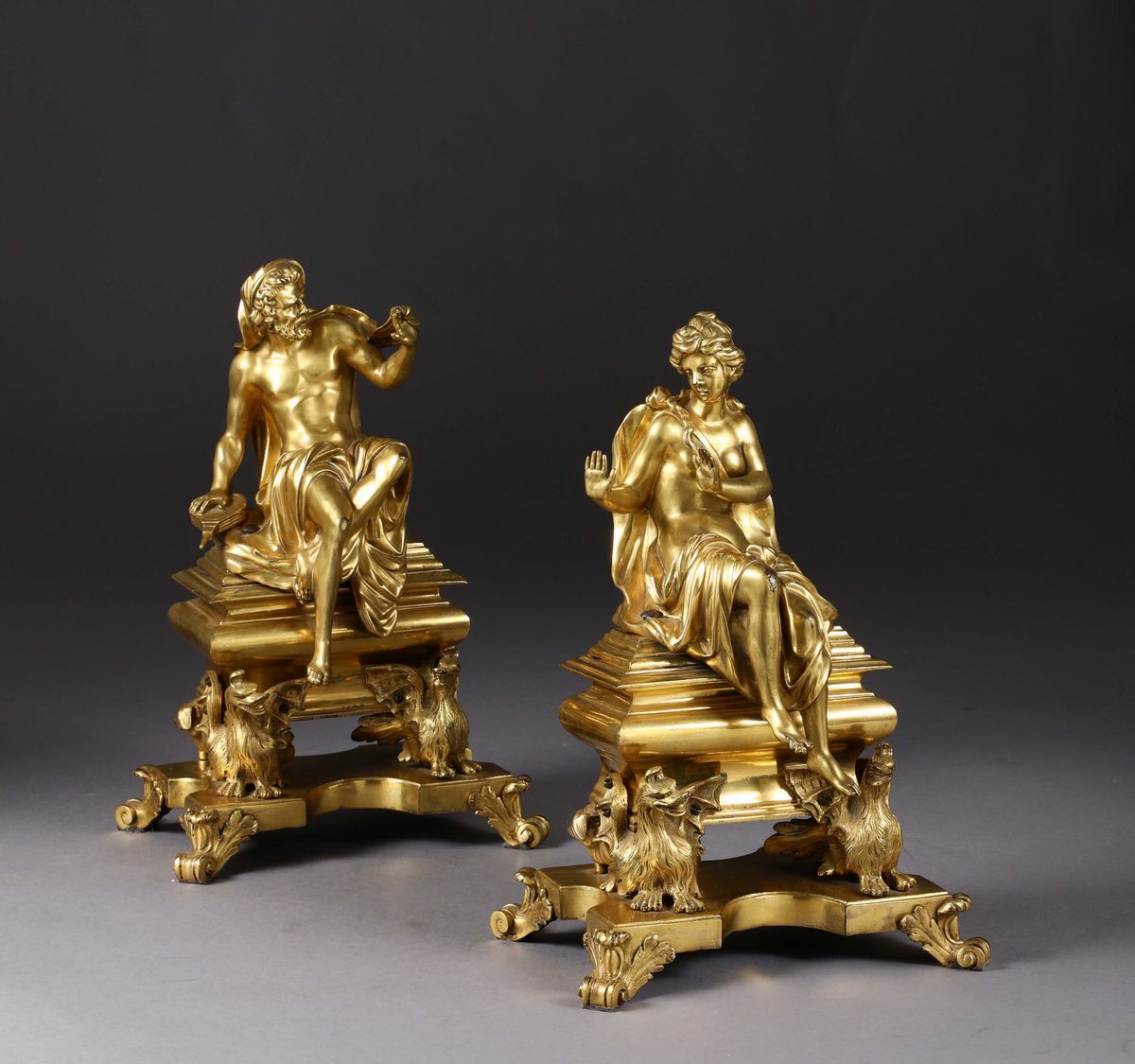 Coppia di Alari in Stile Luigi XIV in Bronzo Dorato, Francia XIX Secolo
