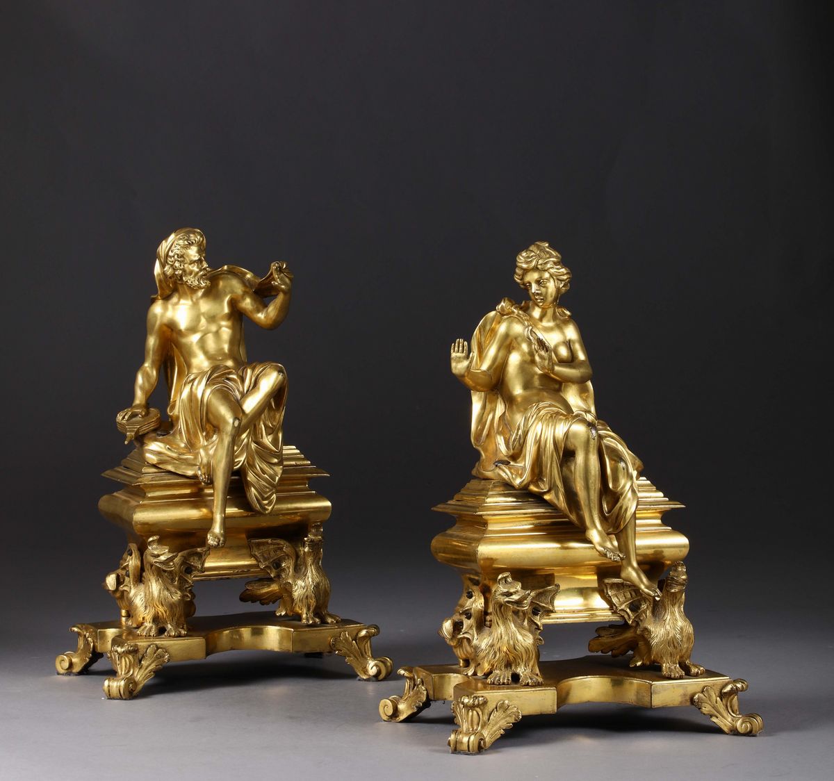 Coppia di Alari in Stile Luigi XIV in Bronzo Dorato, Francia XIX Secolo