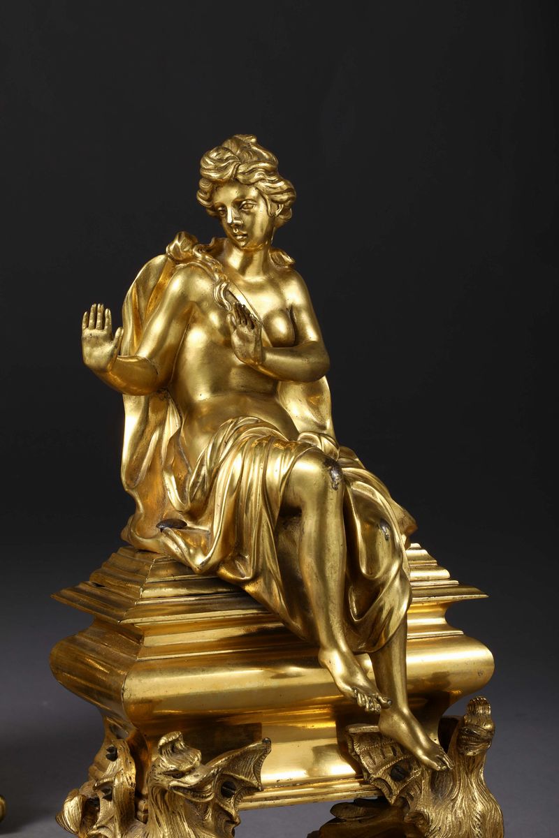 Coppia di Alari in Stile Luigi XIV in Bronzo Dorato, Francia XIX Secolo