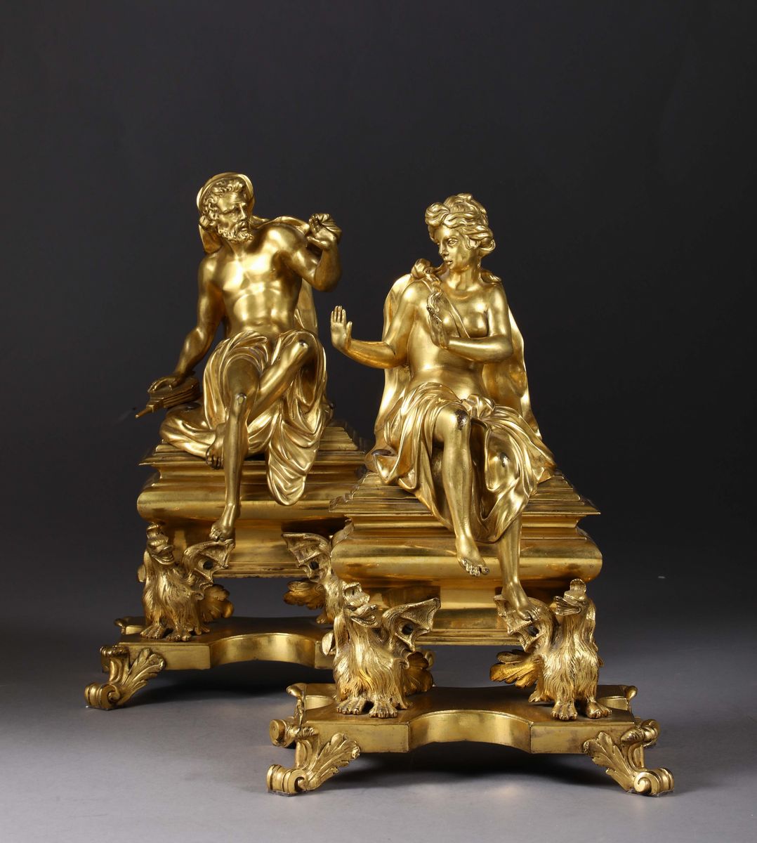 Coppia di Alari in Stile Luigi XIV in Bronzo Dorato, Francia XIX Secolo