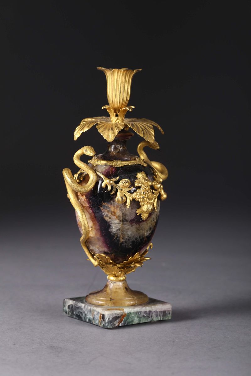 Vasetto Candeliere in Bronzo Dorato e Bluejohn, Francia XIX Secolo