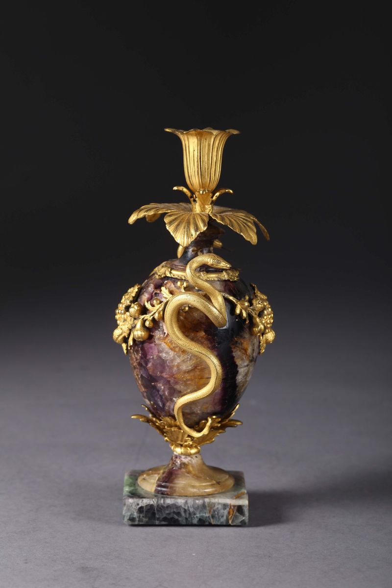 Vasetto Candeliere in Bronzo Dorato e Bluejohn, Francia XIX Secolo