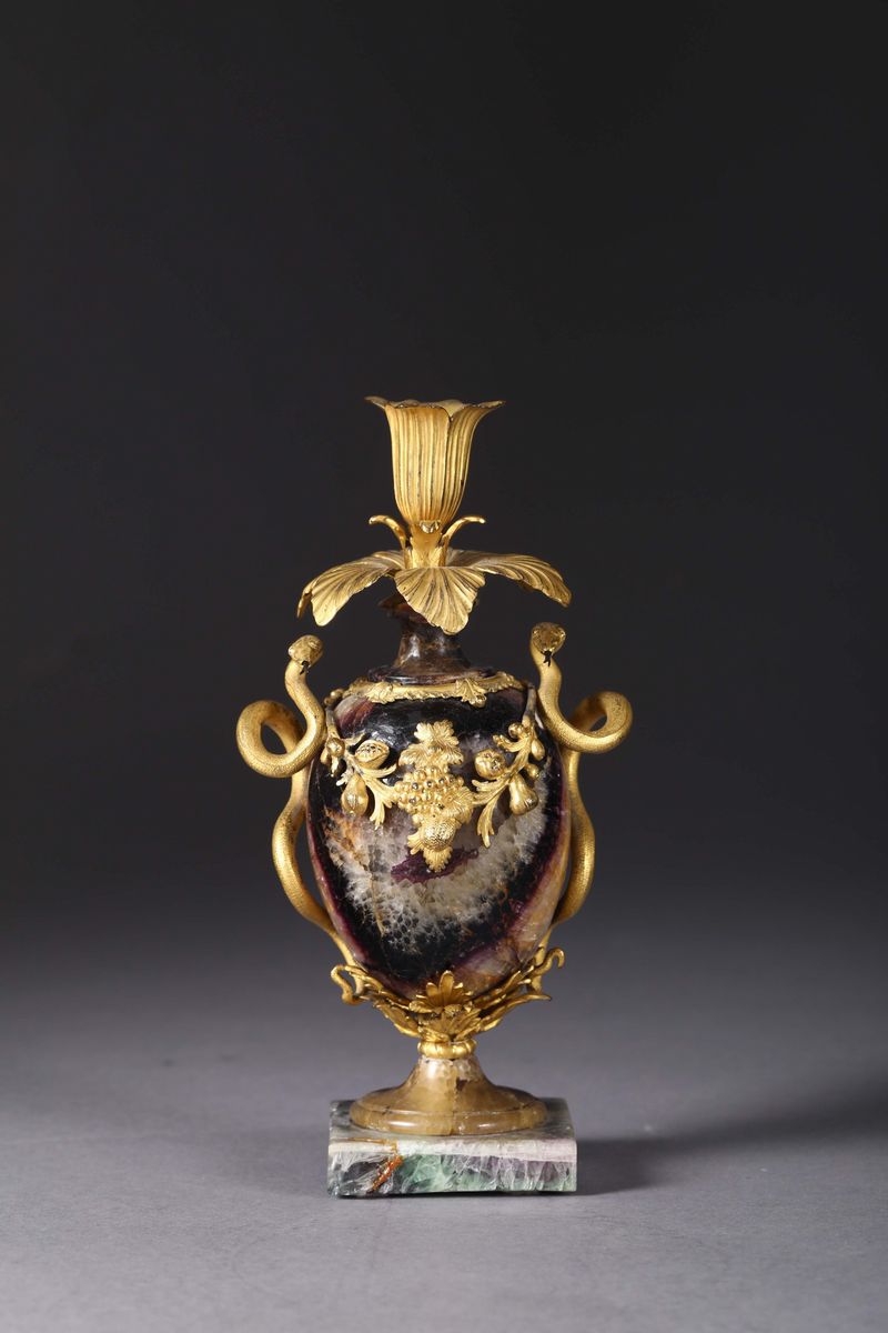 Vasetto Candeliere in Bronzo Dorato e Bluejohn, Francia XIX Secolo