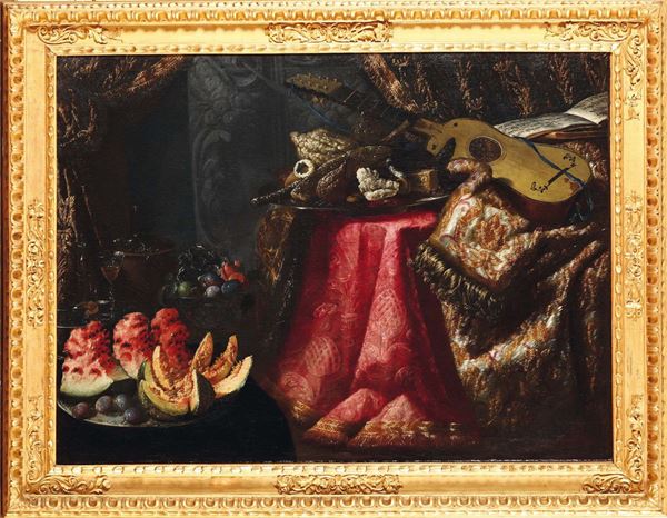 Pietro Navarra (Roma, attivo 1685 - 1714) Natura morta con chitarra, frutta e canditi