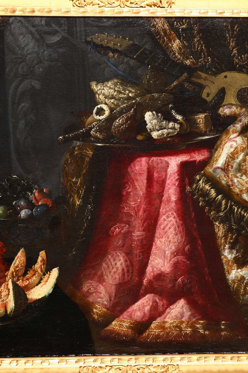 Pietro Navarra (roma, Attivo 1685 - 1714)natura Morta con Chitarra, Frutta e Canditi