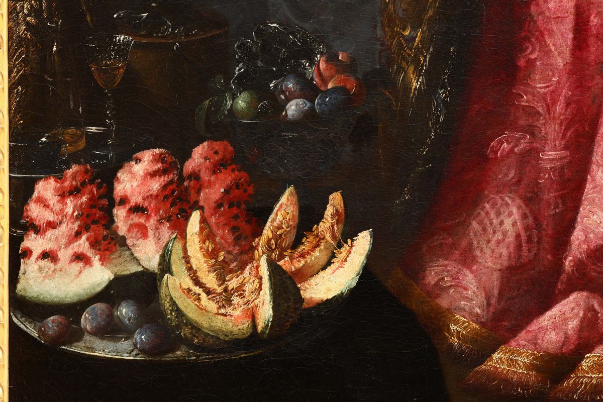Pietro Navarra (roma, Attivo 1685 - 1714)natura Morta con Chitarra, Frutta e Canditi