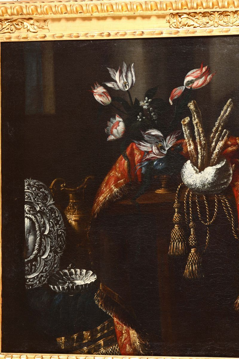 Pietro Navarra (roma, Attivo 1685 - 1714)natura Morta con Vasellame Prezioso, Fiori e Dolciumi