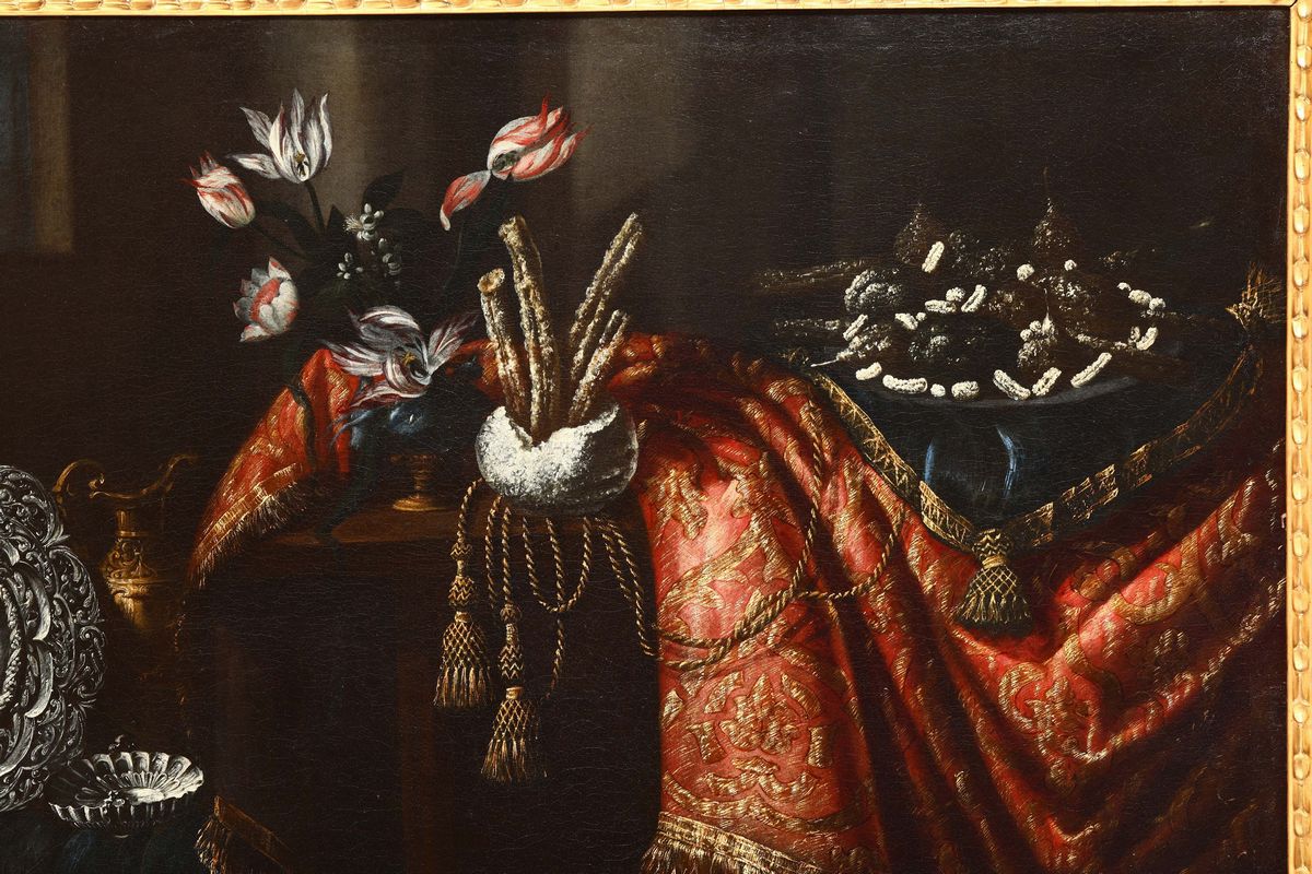 Pietro Navarra (roma, Attivo 1685 - 1714)natura Morta con Vasellame Prezioso, Fiori e Dolciumi