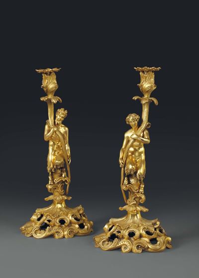 Coppia di Candelieri in Bronzo Dorato, Francia XIX Secolo