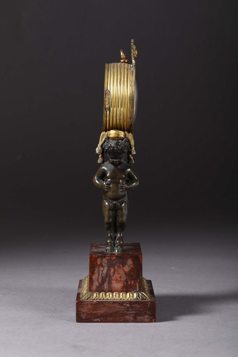 Pendola da Tavolo in Marmo e Bronzo con Fauni, Francia XIX Secolo