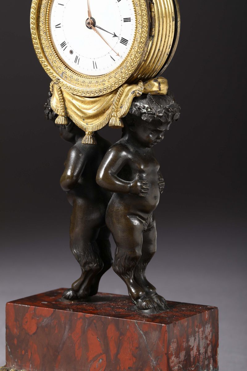 Pendola da Tavolo in Marmo e Bronzo con Fauni, Francia XIX Secolo