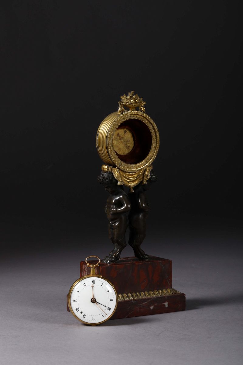 Pendola da Tavolo in Marmo e Bronzo con Fauni, Francia XIX Secolo