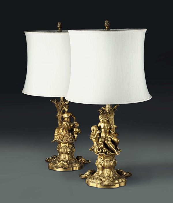 A pair of gilt bronze lamps with mythological figures, France, second half of the 19th century