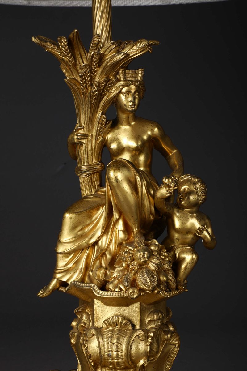 Coppia di Lampade in Bronzo Dorato con Figure Mitologiche, Francia Seconda Metà del XIX Secolo