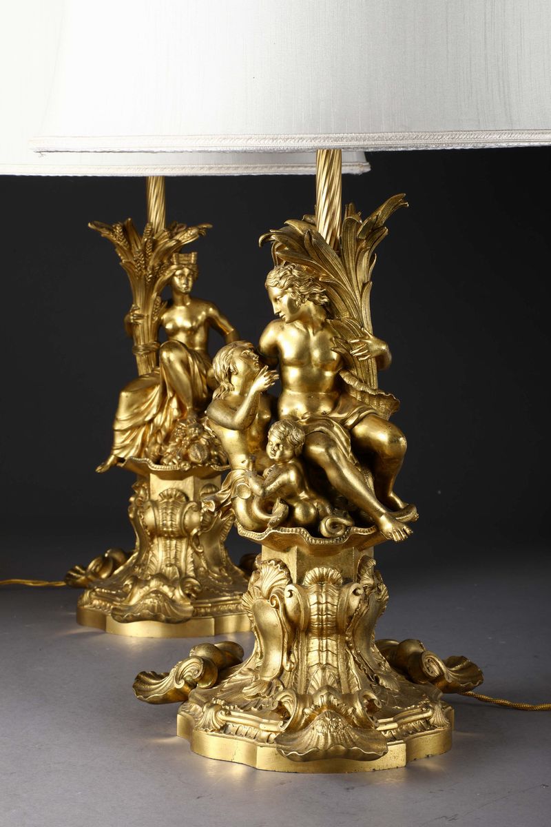 Coppia di Lampade in Bronzo Dorato con Figure Mitologiche, Francia Seconda Metà del XIX Secolo