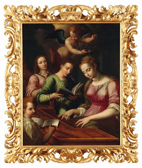 Saint Cecilia with angles and figures. Flemish artist active in Bologna in the 17th century Santa Cecilia con angeli e figure
