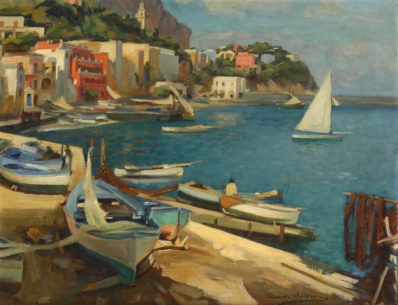 Guido Odierna (1913-1991) Spiaggia con barche  - Asta Dipinti del XIX e XX secolo - Cambi Casa d'Aste