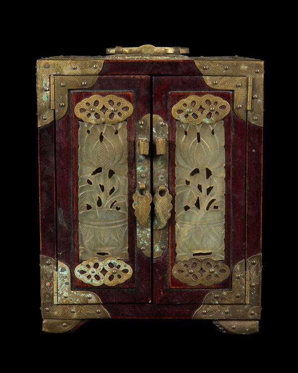 A wooden jewel box with white jade plaques, China, early 20th century
