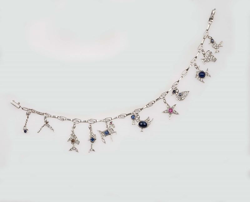 Gem-set and platinum charms bracelet  - Auction Fine Jewels - II - Cambi Casa d'Aste