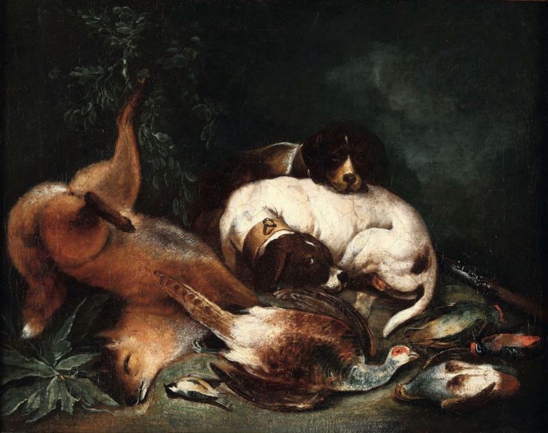 Scuola fiamminga del XVIII secolo Cani con cacciagione  - Asta Dipinti Antichi - I - Cambi Casa d'Aste