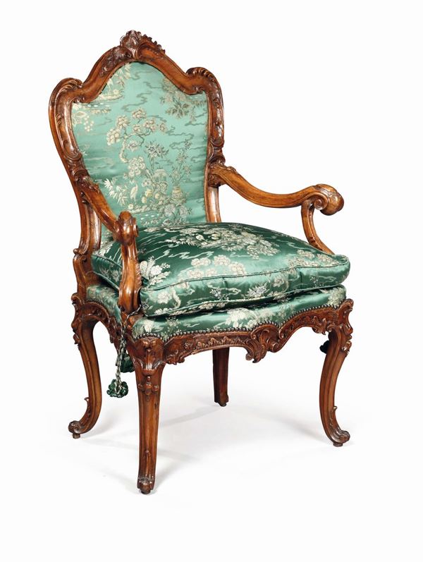 A Louis XV armchair in richly carved walnut, Venice 18th century