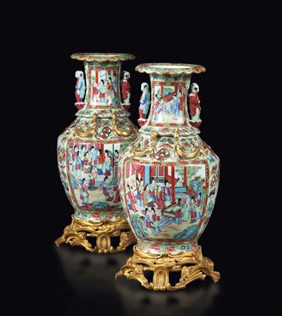 Coppia di Vasi Canton Montati in Bronzo e Trasformati in Lampade, Cina XIX Secolo