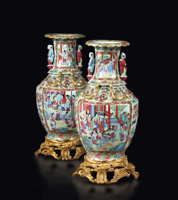 A pair of canton vases with bronze stands, turned into lamps, China 19th century