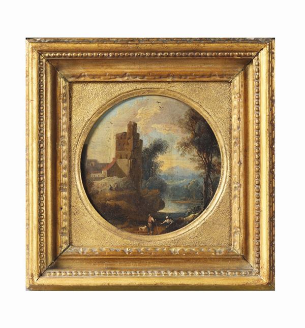 A river landscape with a tower.A river landscape with a village and fishermen. - Italian school of the 18th century Paesaggio fluviale con torre Paesaggio fluviale con paese e pescatori