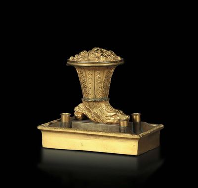 Piccolo Calamaio in Bronzo Dorato con Cornucopia, Francia XIX Secolo