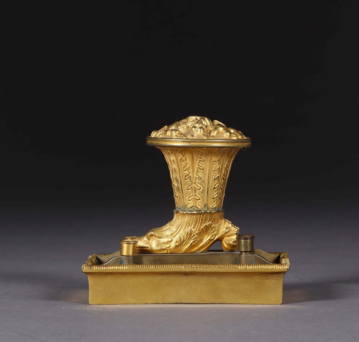 Piccolo Calamaio in Bronzo Dorato con Cornucopia, Francia XIX Secolo