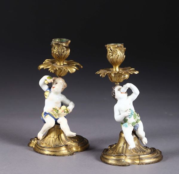 A pair of candle holders. Meissen, 1750 ca.