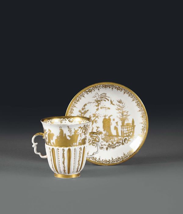 A rare cup and plate. Meissen, 1715 - 1725 (porcelain). Augsburg, Abraham Seuter, 1725-1730