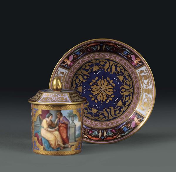 A covered cup with plate. Likely from Bohemia, end of the 19th century