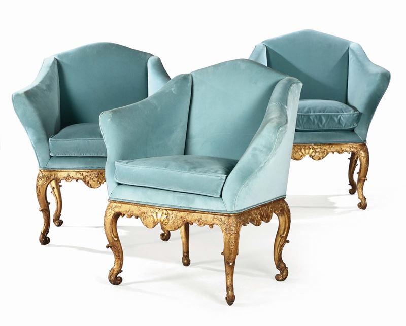Three Louis XV tub chairs in carved and gilt wood, Venice 18th century  - Auction Taste, Furniture and Residences, An Italian Collection - Cambi Casa d'Aste