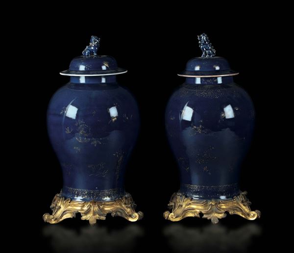 A pair of potiches in blue and gold porcelain with a bronze stand, China, Qing dynasty, 18th century